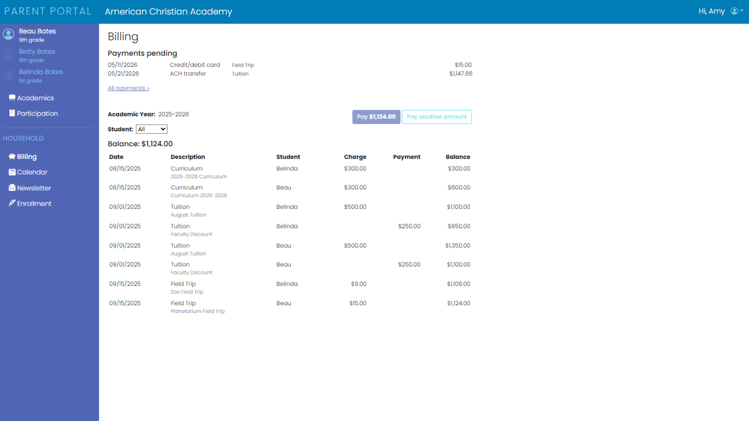 School Central parent billing dashboard showing tuition charges and payments