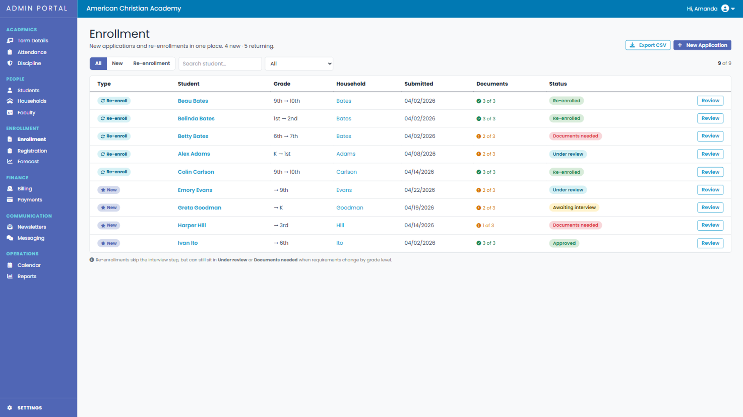 School Central enrollment dashboard showing applications, documents, and enrollment statuses