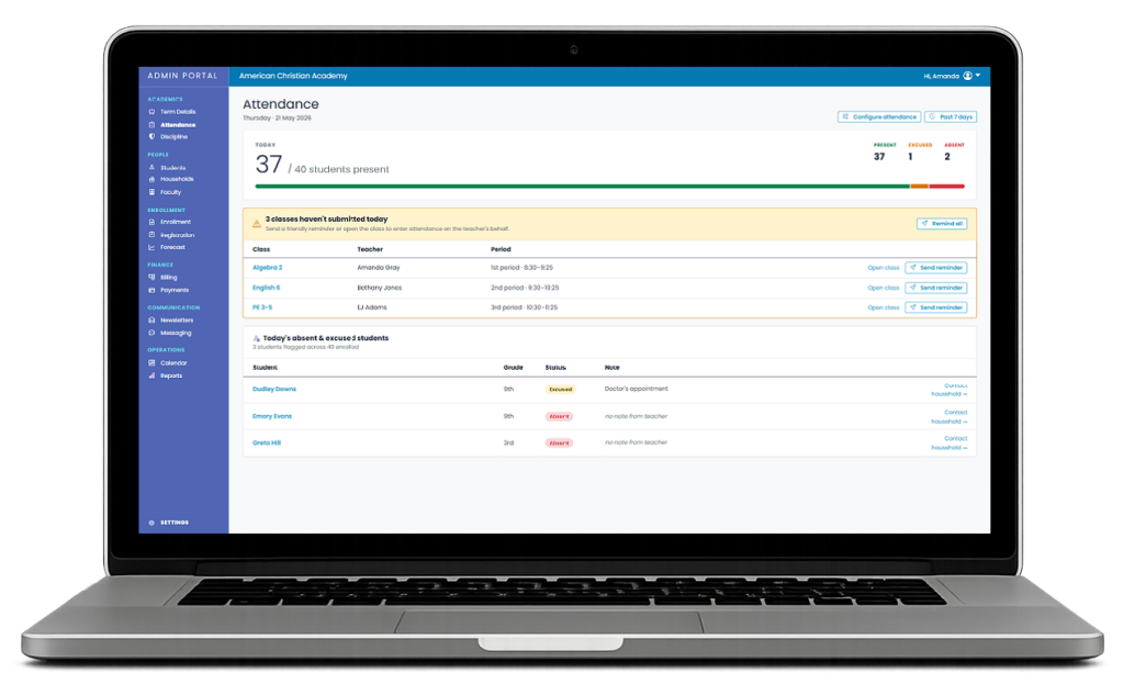 School Central administrator attendance dashboard showing daily attendance status