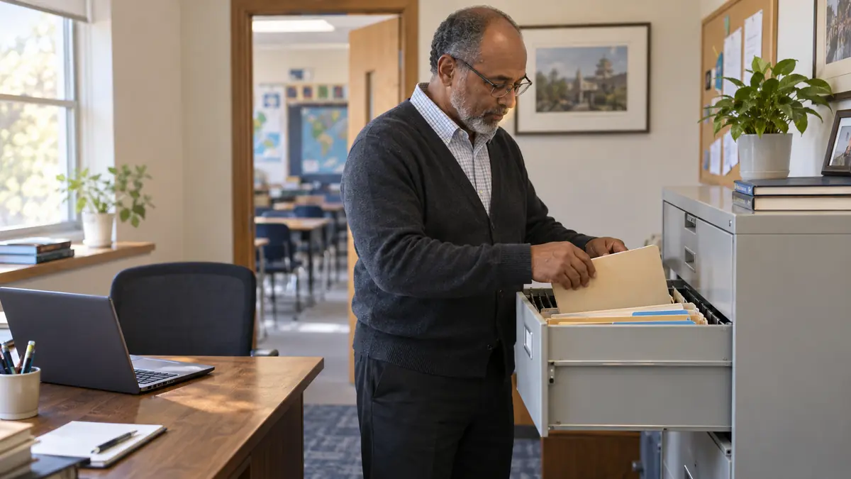 School administrator organizing student record folders in a filing cabinet beside a laptop.