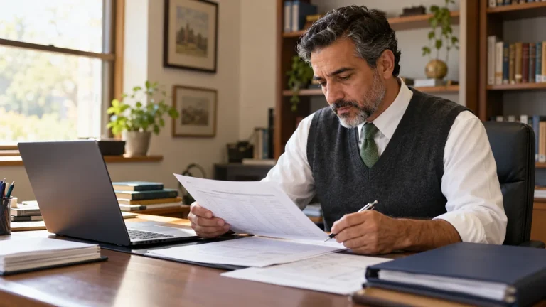 School principal checking academic records while preparing a high school transcript.